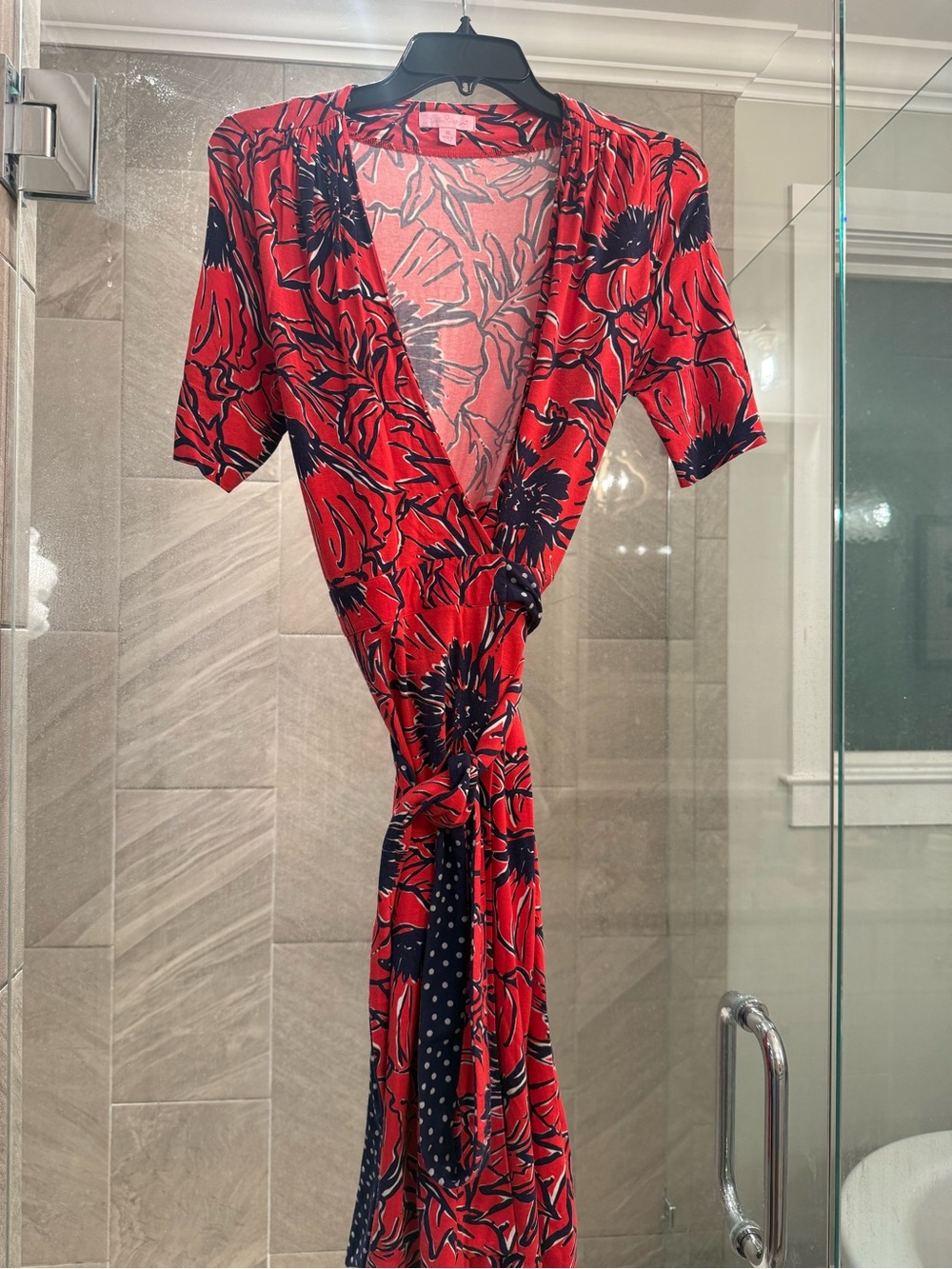 Lilly Pulitzer Floral Wrap Dress XS | Coral Red & Navy | Tie Waist